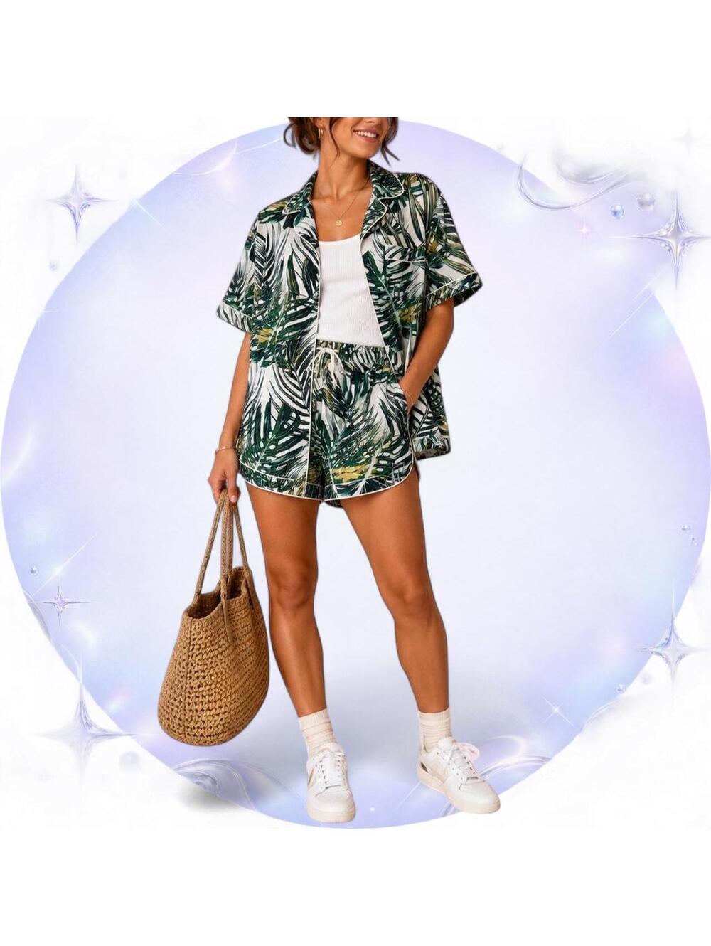 Day of Blossom Tropical Palm-Print Rayon Pajama Set Size Small